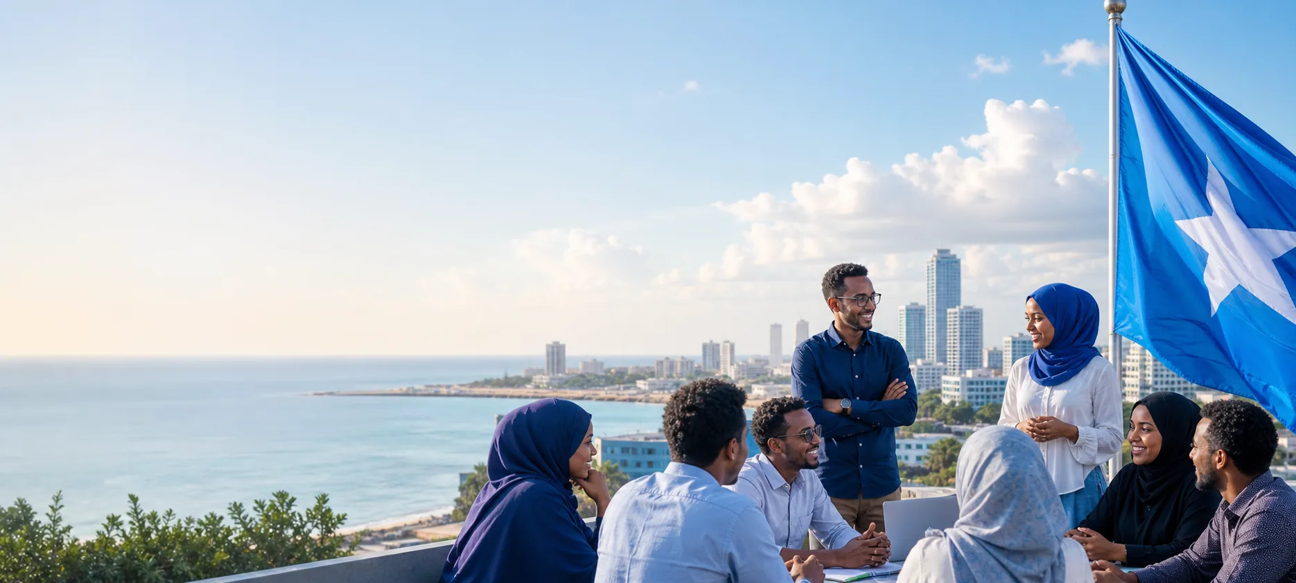 Somali citizens looking toward a coastal skyline with the Somali flag