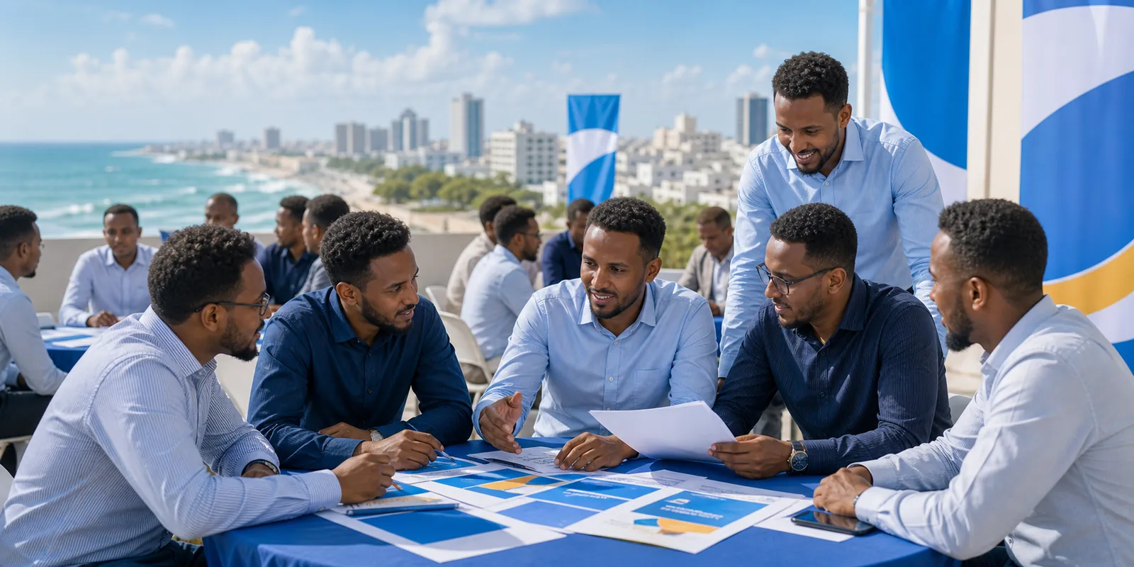 Adult Somali men discussing civic campaign ideas