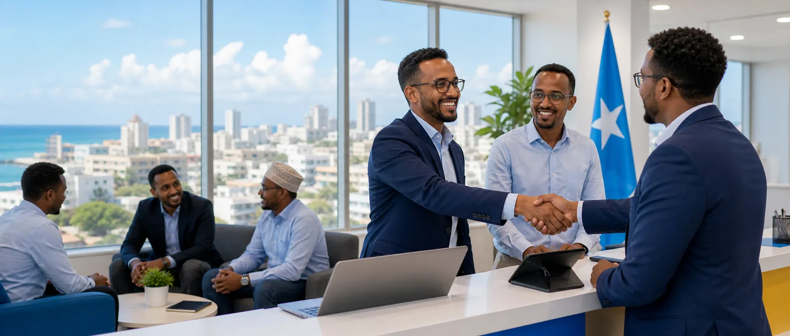 Adult Somali men in a welcoming civic partnership conversation