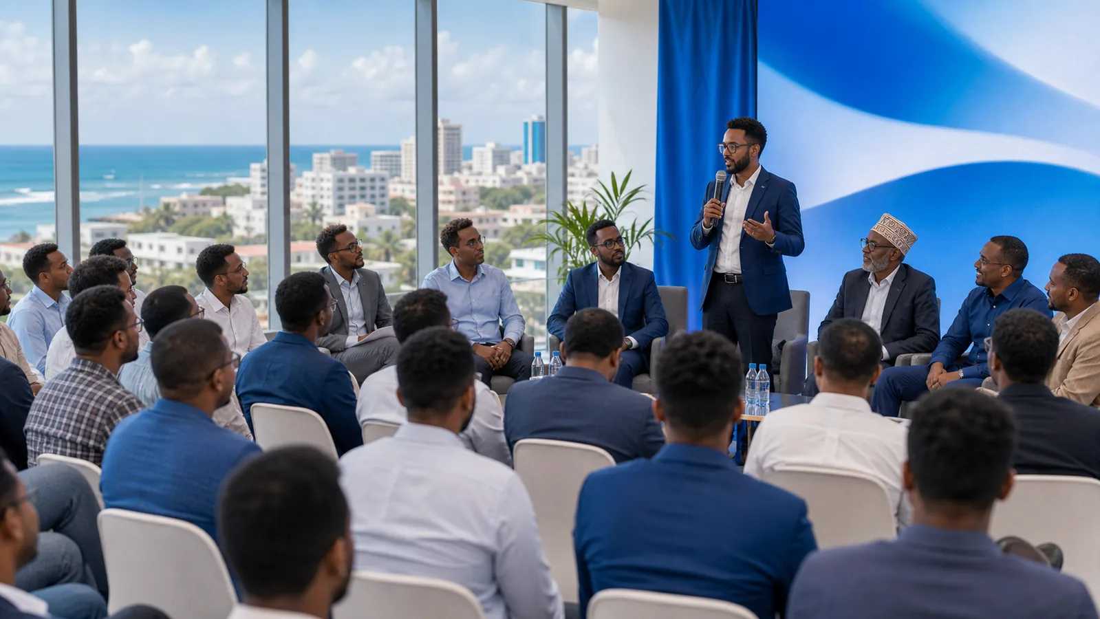 Adult Somali men participating in a civic forum