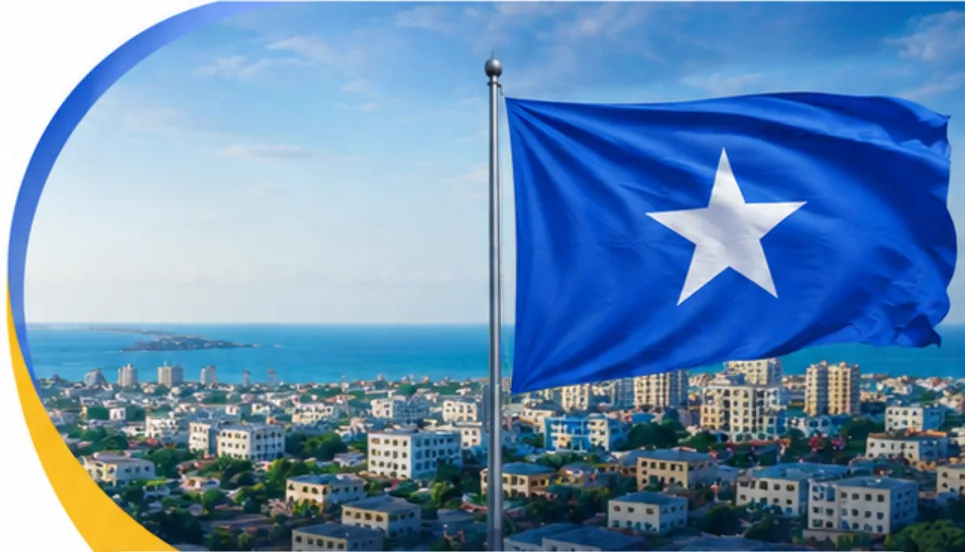 Somali flag over a coastal city skyline