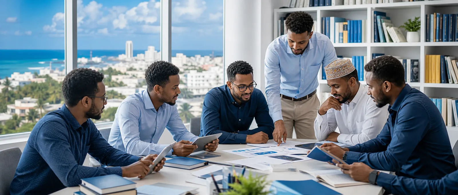 Adult Somali men studying civic education resources